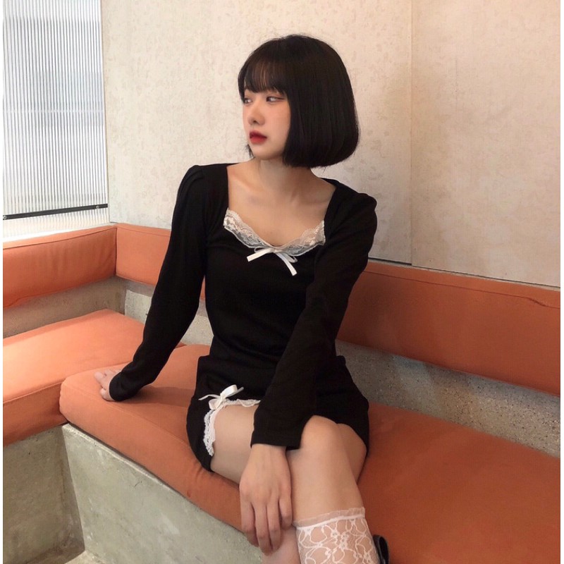 (Video tự quay) Đầm đen dài tay tiểu thư body cổ U phối ren nơ sẽy ulzzang Hàn Quốc [Yannie]