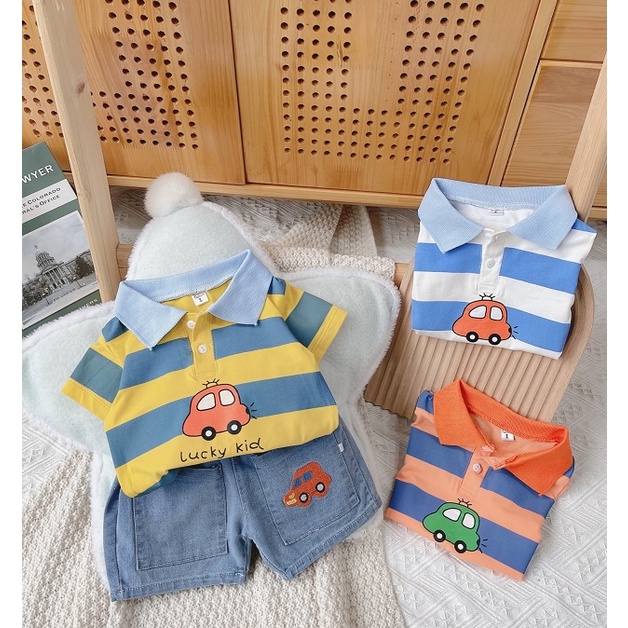 Set áo sọc cổ trụ sọc ngang kèm quần bò bé trai đi chơi size 1 2 3 4 5 tuổi MINTSCLOSET Mint's Closet - TN3009