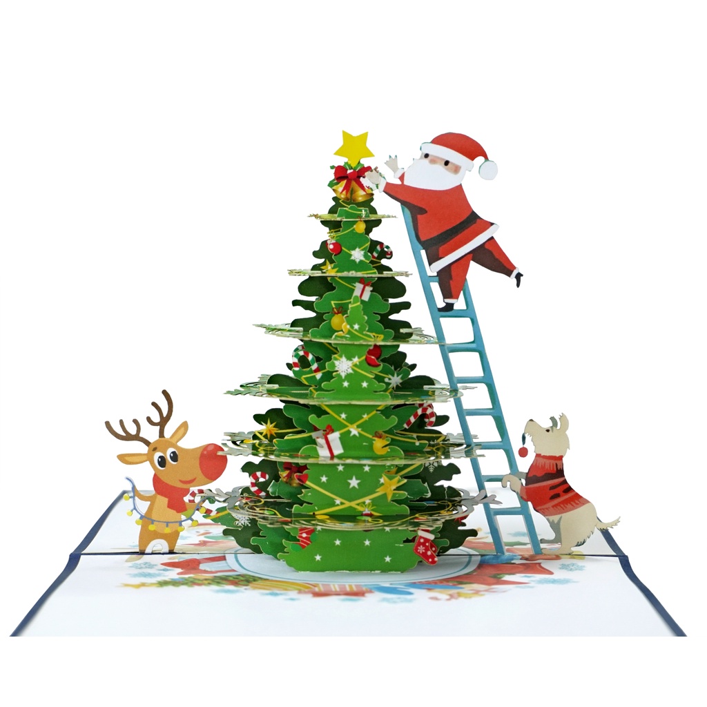 Thiệp 3D Ông Già Noel Trang Trí Cây Thông, Santa Claus thiệp nổi handmade HMG popupcard quà tặng độc đáo