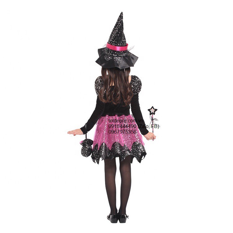 Hóa trang halloween váy đầm phù thủy kèm đủ phụ kiện kiểu tay dài họa tiết ánh sao
