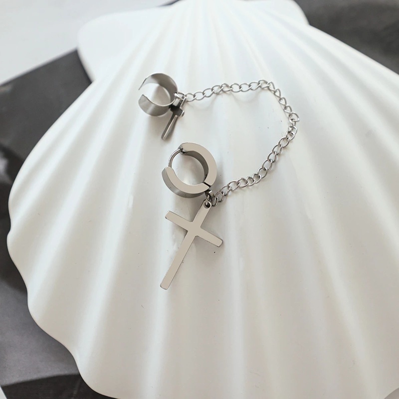 Bông Tai Dạng Kẹp Hình Chữ Thập Phối Dây Xích Tua Rua Phong Cách Punk