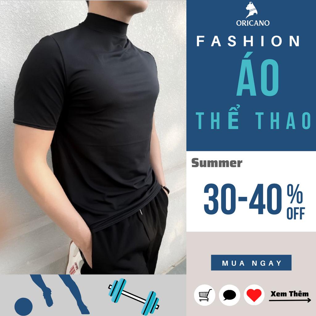 Áo Thể Thao Nam ORICANO Đen Trắng Thun Lạnh Cao Cổ Cao Cấp Cộc Tay Co Giãn Form Ôm Body Gym Work Out Chạy Bộ And Đá Bóng