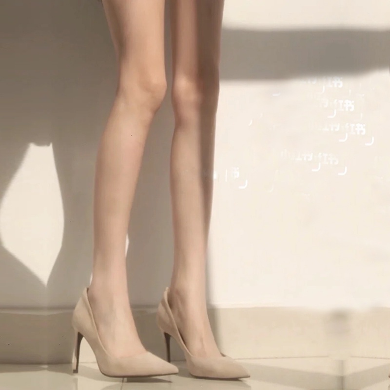 Giày Cao Gót Da Lộn Mũi Nhọn Màu Nude Phong Cách Năm Mới Cho Nữ