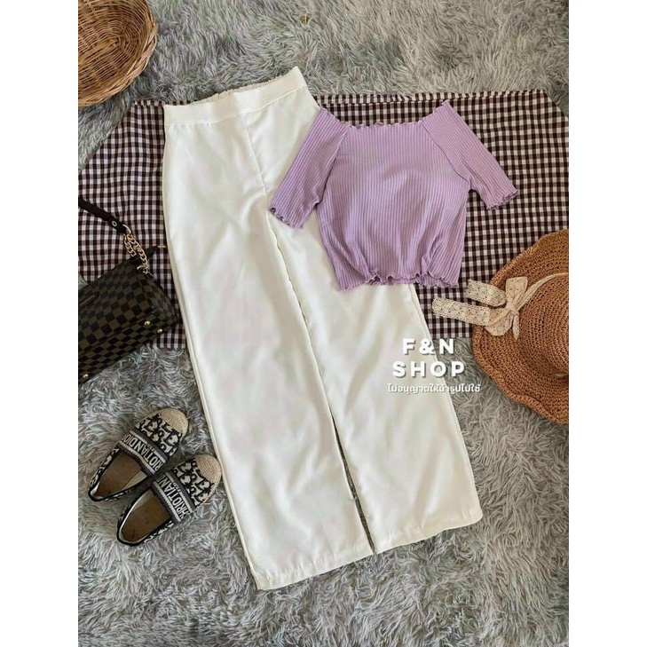 Set phối đi chơi- Áo thun gân trễ vai tay ngắn quần dài ống rộng lưng thun Mc