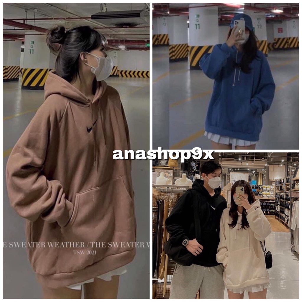 Áo hoodie cặp form rộng nỉ trơn 4 màu màu xanh,đen,be,nâu anashop9x
