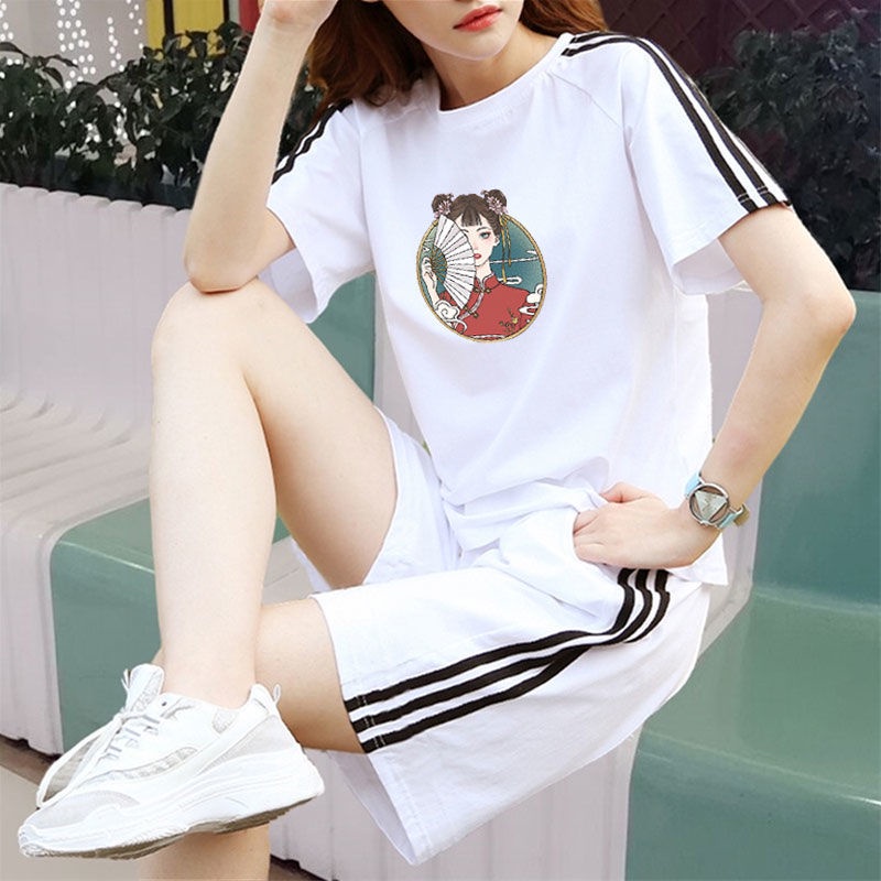 Bộ đồ thể thao hai món áo thun tay ngắn dáng rộng bằng vải cotton thời trang mùa hè hàng mới dành cho bạn nữ