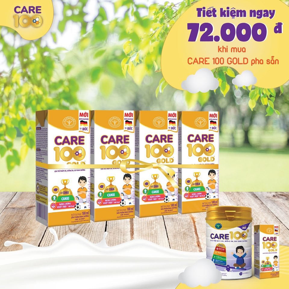 Thùng sữa nước pha sẵn Nutricare Care 100 Gold - cho trẻ thấp còi biếng ăn suy dinh dưỡng