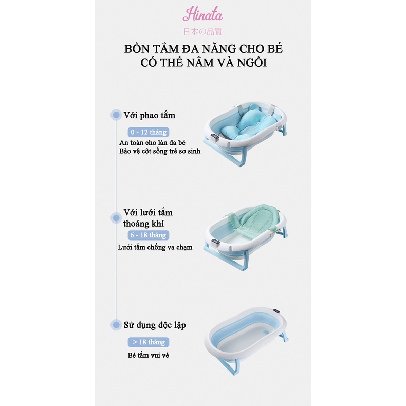 Bồn tắm gấp gọn có nhiệt kế cho trẻ em HINATA - Tặng kèm phao tắm ngôi sao BT14