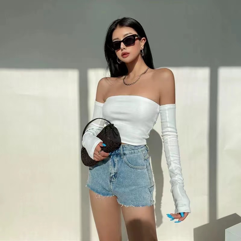 Crop top Dệt kim cắt sexy skinny dài tay bandeau top
