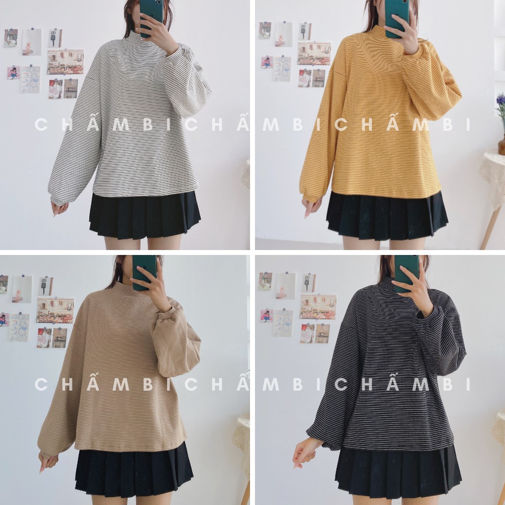 [Mã WARN30 hoàn 15% xu đơn 150k] Áo Len Dáng Rộng Tay Bồng Kẻ Ngang Cổ 3 Phân Freesize<55kg - A.072