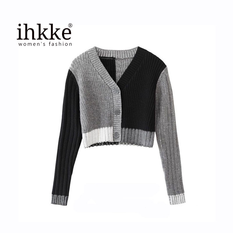 Áo cardigan IHKKE dệt kim cổ chữ V màu sắc tương phản thời trang