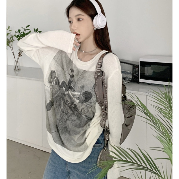 Áo Thun Dệt Kim Tay Dài Dáng Rộng In Họa Tiết Retro Xinh Xắn Cho Nữ