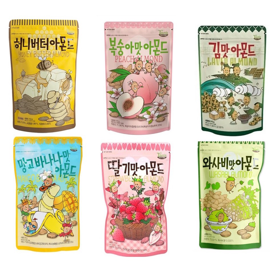 Hạnh nhân tẩm các vị Tom's Farm túi 210g_ Mật ong, Chuối xoài, Dâu tây, Wasabi