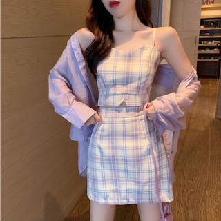 Fashion women's skirt suit suspender top + plaid skirt casual all-match short skirt
