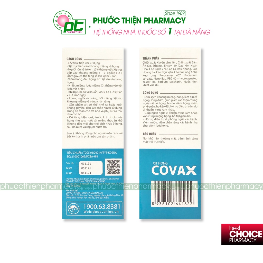 Dung dịch xịt họng COVAX 20ml chiết xuất xuyên tâm liên hỗ trợ cảm cúm do vi khuẩn, virut vào vùng miệng họng