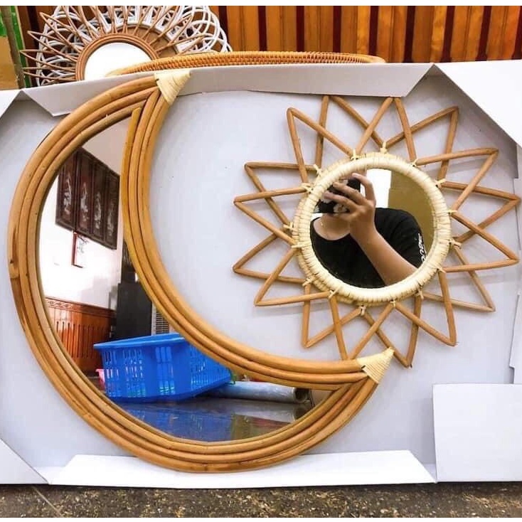 Gương hình tròn mặt trời, khung mây tre đan. Gương treo tường decor trang trí phòng ngủ phòng tắm phòng ăn phòng khách