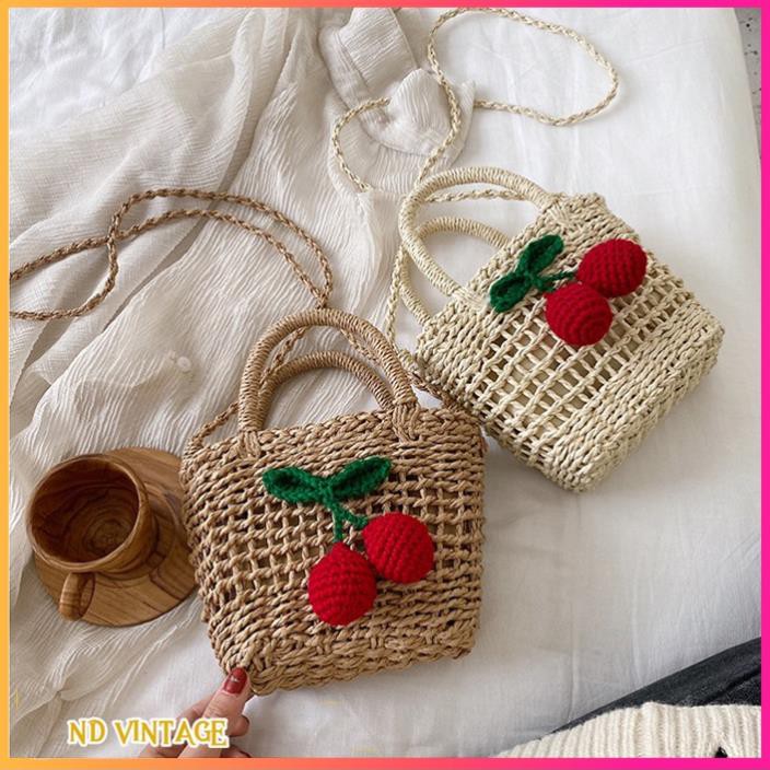 Túi Cói Đi Biển Đeo Chéo, Gắn Quả Cherry, Có Dây Rút Giữ Đồ, Shop Tặng Kèm Nơ Xinh Xắn