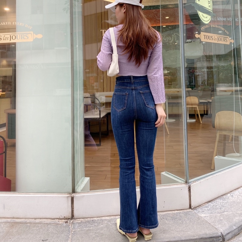 Quần Jeans ống Loe Cạp cao chất co dãn may Gấu Hotrend 2022