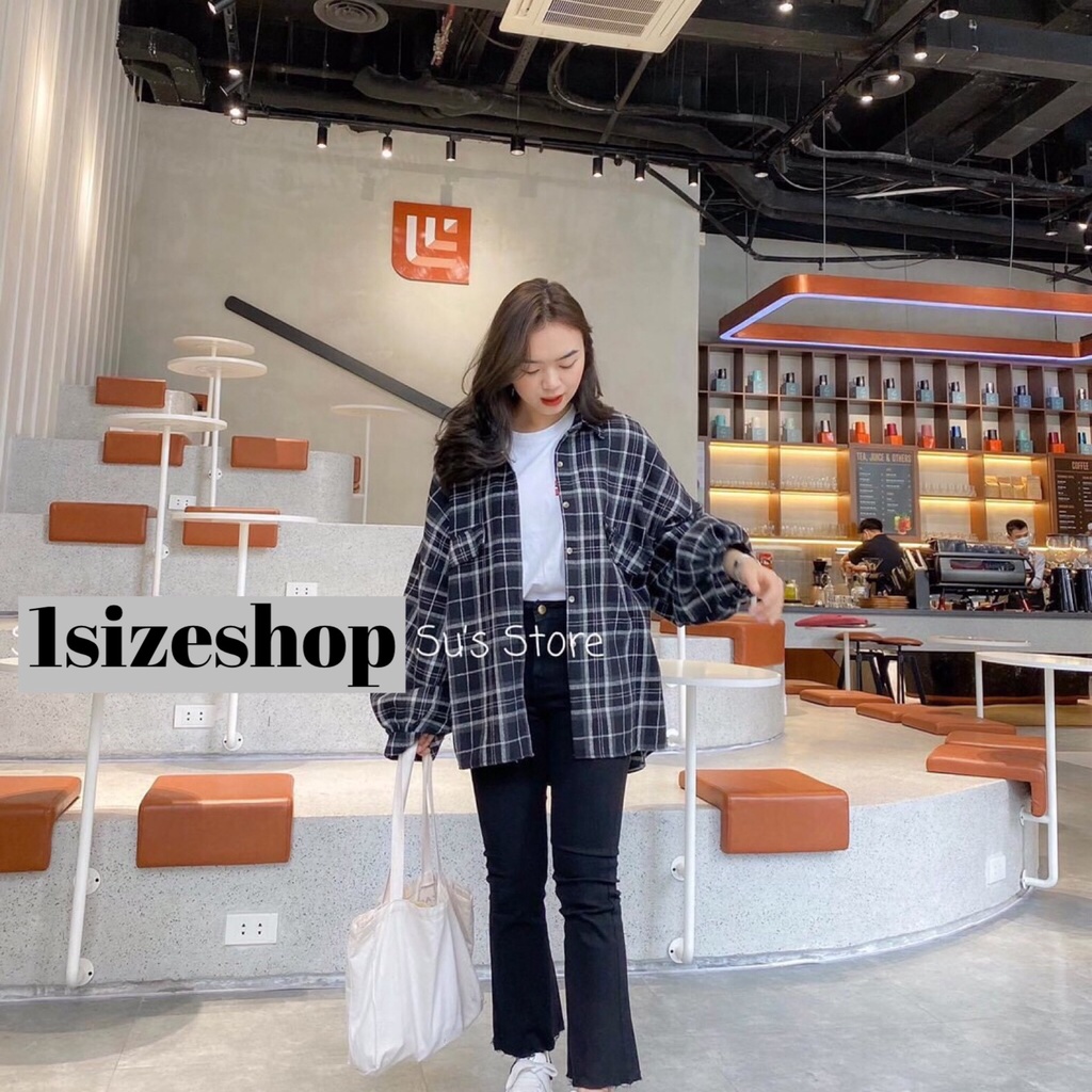 Áo sơ mi kẻ caro mẫu mới tay bồng form rộng màu đen, trắng dáng unisex 1sizeshop