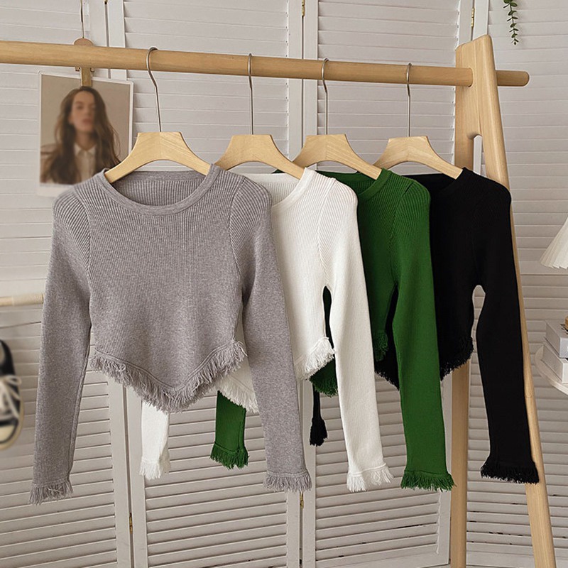 Áo Thun Dệt Kim Mỏng Tay Dài Cổ Tròn Viền Tua Rua Màu Trơn Thời Trang Hàn Quốc Cho Nữ