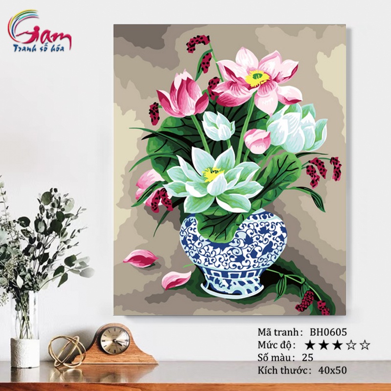 Tranh sơn dầu số hóa tự tô màu DIY hoa - Mã BH0605 Bình hoa sen sang trọng Tranh tĩnh vật hoa cỏ