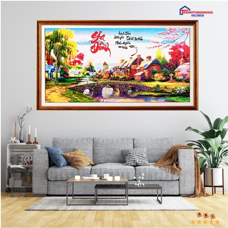 Tranh đính đá, tranh thêu chữ thập gia đình hạnh phúc
