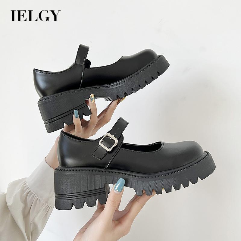 Giày lười IELGY màu đen/ màu be đế bằng phong cách cổ điển dành cho nữ