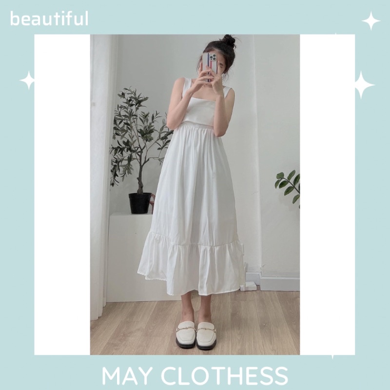 Váy đầm nữ 2 dây buộc nơ lưng trắng đen dáng suông dài cổ vuông freesize phom rộng đi biển du lịch hở lưng sexy