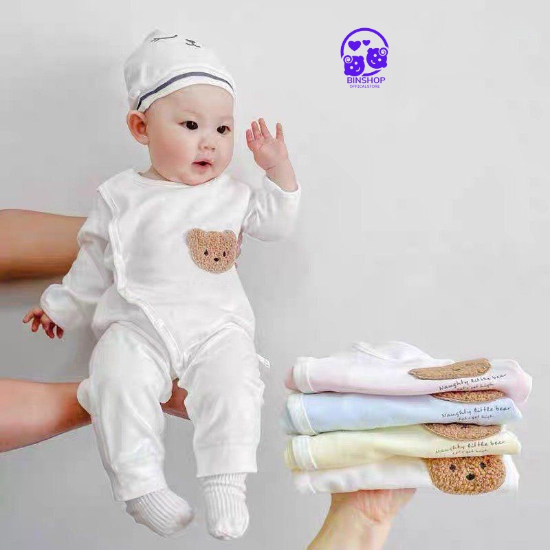 Bodysuit dài tay cho bé Đính Gấu đáng yêu, body dài tay cho bé chất Thun mềm mịn thấm hút tốt mồ hôi mẫu quần áo sơ sinh