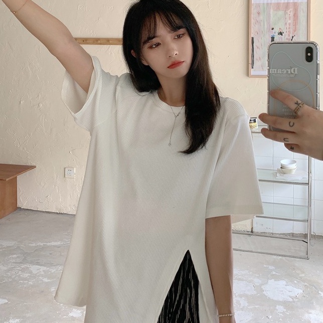 Áo Thun Tay Ngắn Dáng Rộng Xẻ Tà Kiểu vintage Thời Trang Mùa Hè Cho Nữ
