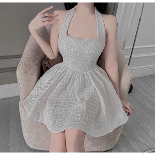 Váy xốp vân 2 dây cột nơ hở lưng
