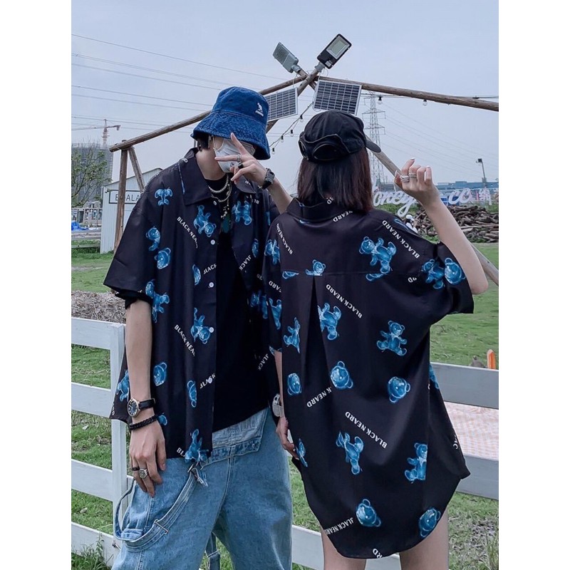 Áo somi unisex form rộng in hình gấu