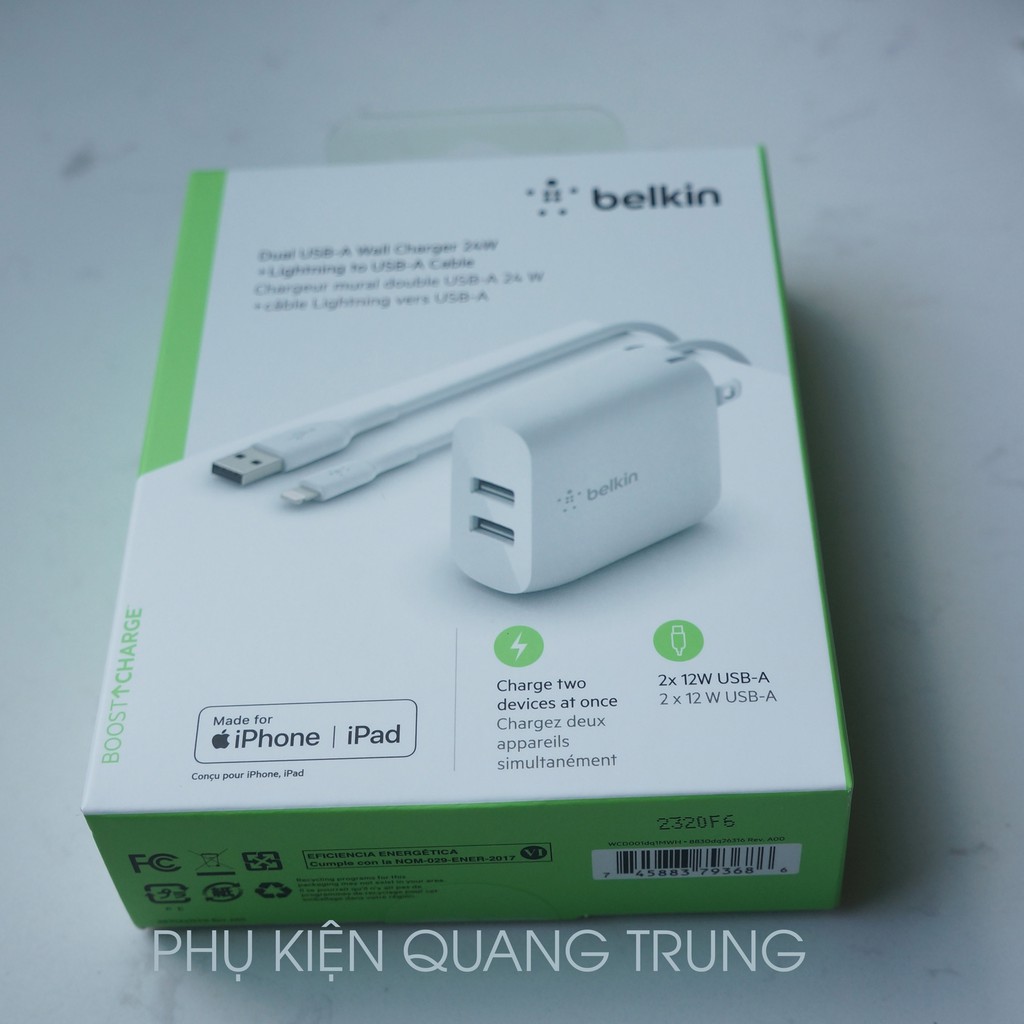 Bộ sạc cáp Belkin chính hãng USA,công suất 24W,2 cổng,chuẩn AP