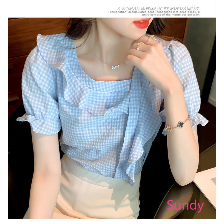 Áo Sơ Mi Chiffon Tay Ngắn Phối Bèo Họa Tiết Sọc Caro Thời Trang Mùa Hè Cho Nữ