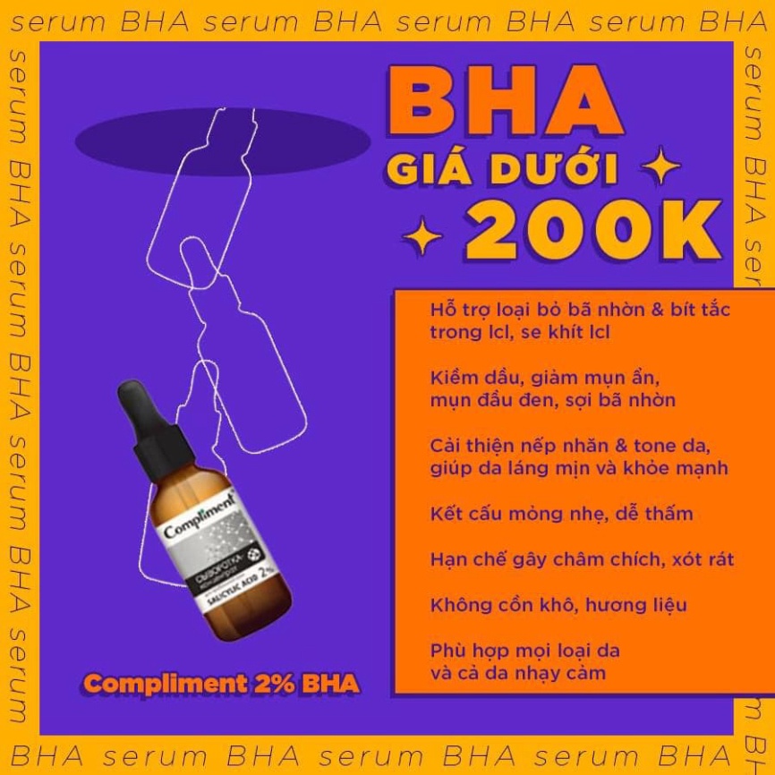 Serum Compliment Hyaluronic Acid 5%, BHA Hyaluronic Acid 5% Làm Sạch Da, Giảm Mụn Se Chân Lông 27ml