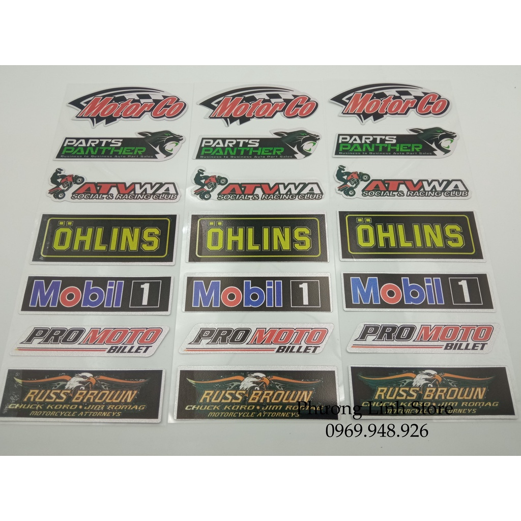 Combo 6 Tem dán phuộc, decal dán xe máy nhiều loại, logo dán xe Motor Go/ Russ Brown