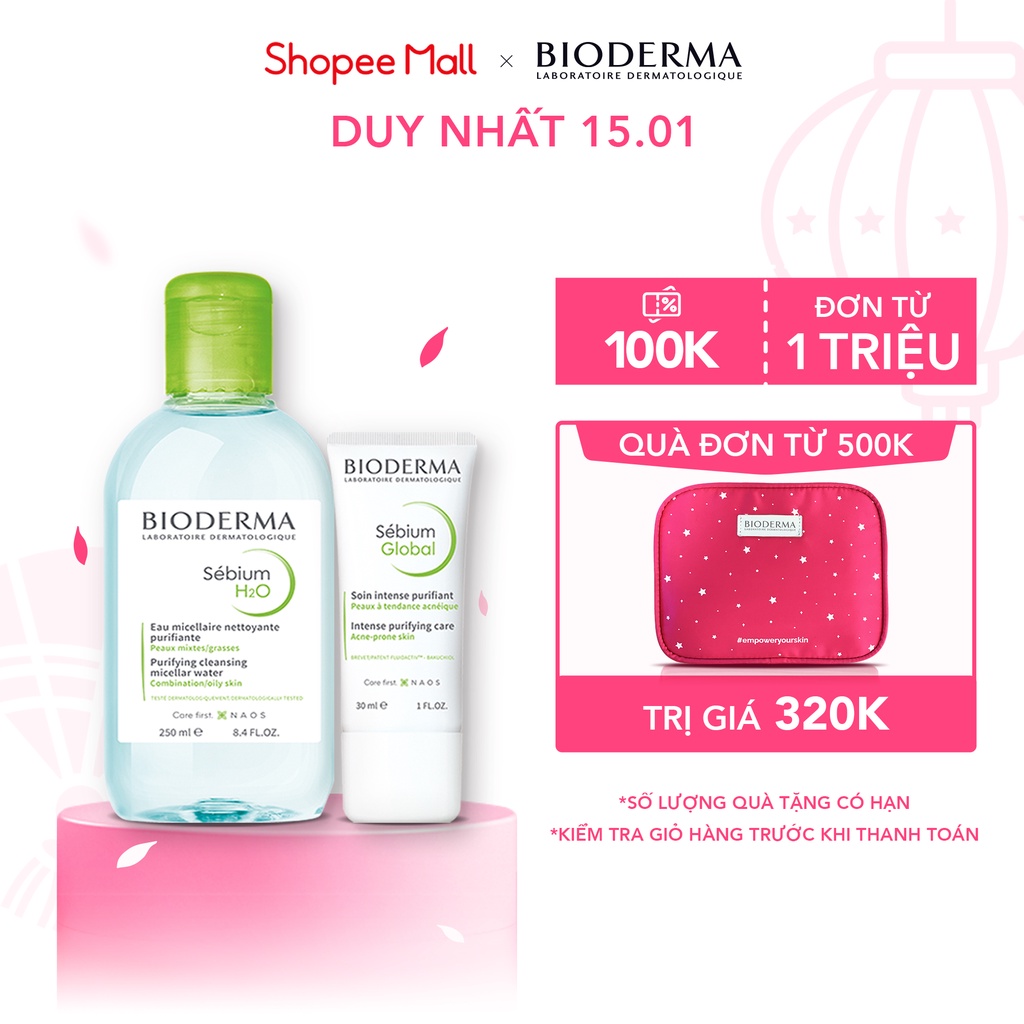 Bộ đôi làm sạch &amp; dưỡng da giảm mụn Bioderma Sebium H2O 250ml và Sebium Global 30ml