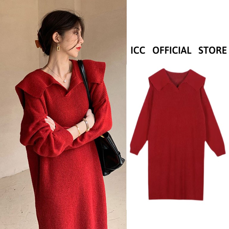 [ORDER] Đầm Len Đỏ Dài Tay - Váy Len Dáng Ngắn Xẻ Tà  Mùa Thu Phong Cách Hàn Quốc VD135 ICC Official Store
