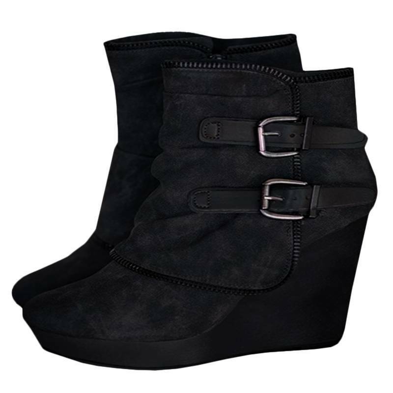 Womens Wedge Ankle Boots Pointed Toe Zip Up Buckle High Heel Casual