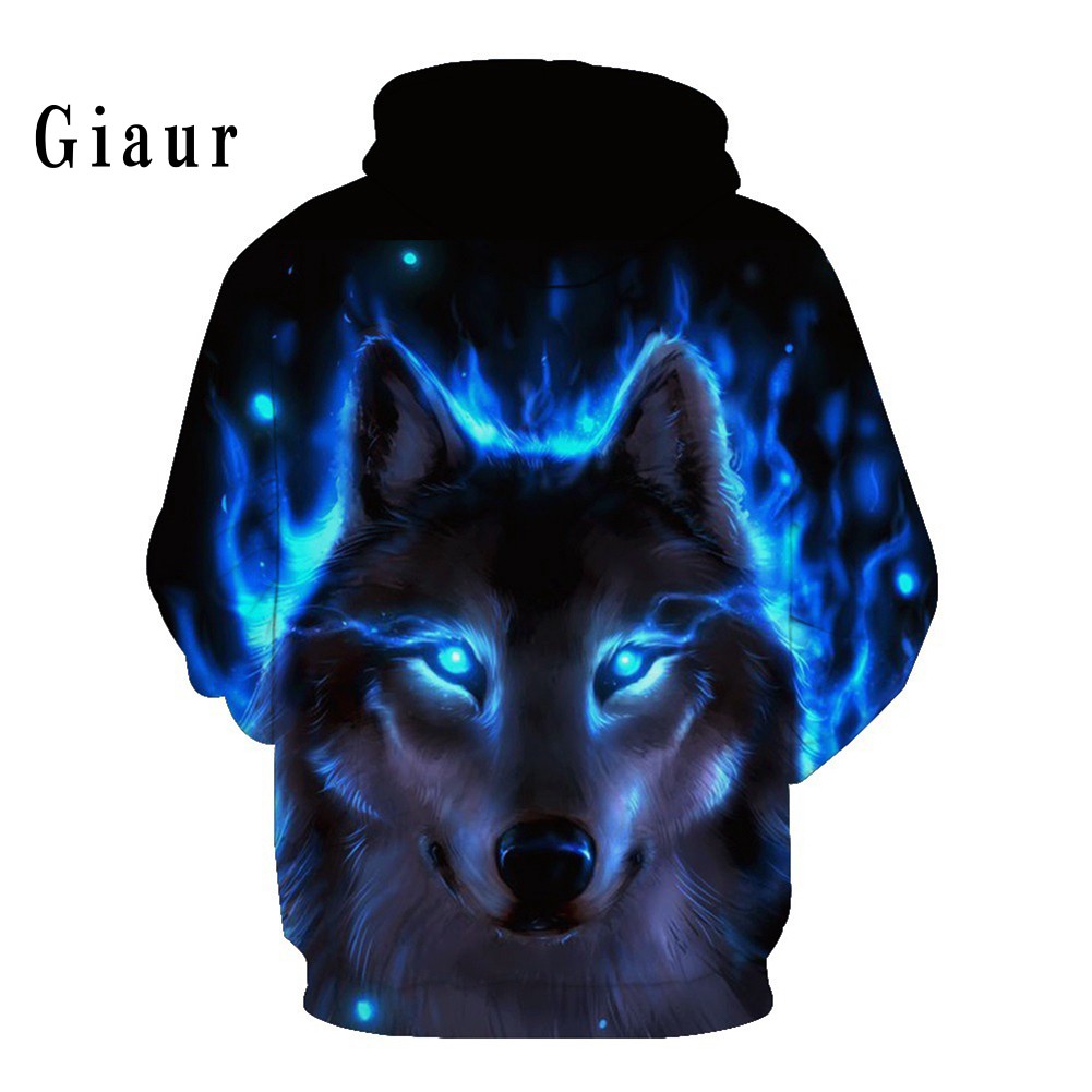 Áo hoodie dài tay phối dây rút dáng thể thao in hình chó sói 3d cá tính dành cho nam