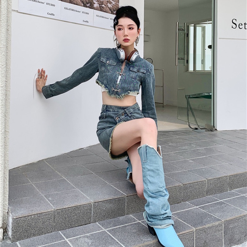 Set Áo Khoác Jeans Dài Tay + Chân Váy Jeans Thời Trang Nữ