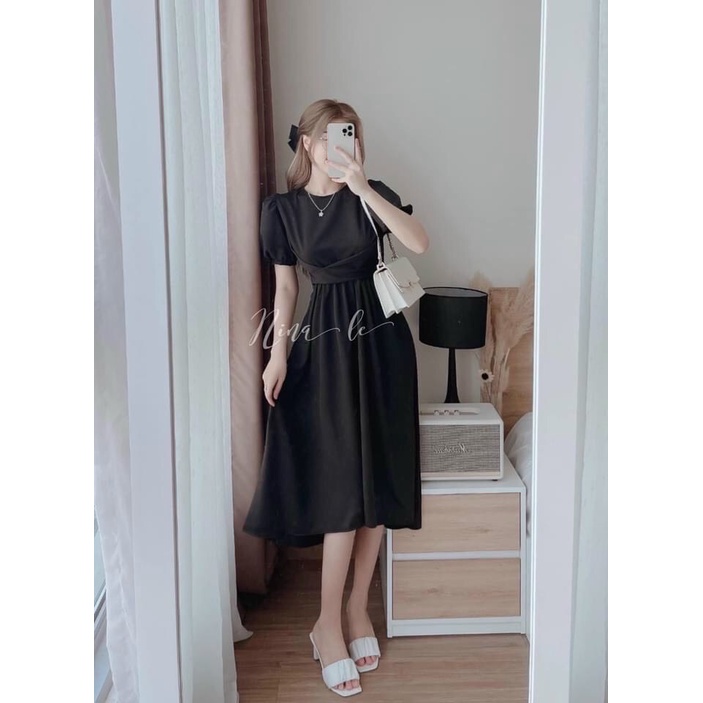 [HCM] Đầm Xòe Cổ Tròn Chéo Eo Phối Nơ Cột Sau Thời Trang Nữ Sam Closet Free Size 40-55kg