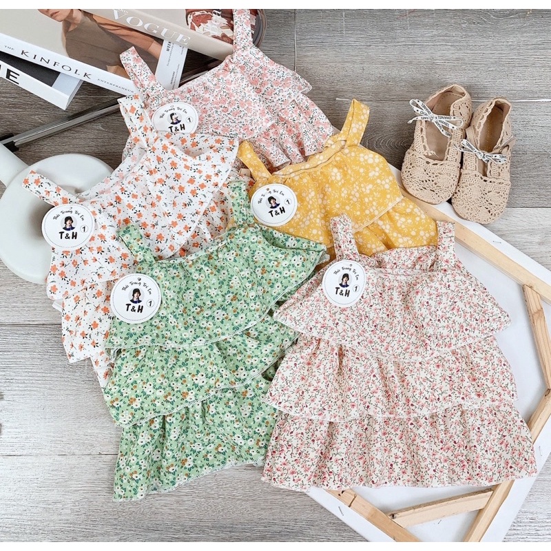 Set bộ 2 dây cài cúc ngực chất cotton tổ ong siêu mát cho bé diện hè- bộ hai dây bé gái