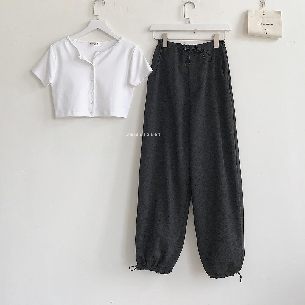 Quần Jooger Vải Nữ JEM CLOSET Có Dây Rút Eo Quần Jogger Nữ Ống Rộng Chất Dù Cát Phối Đồ Năng Động Cá Tính 2199