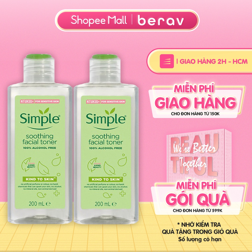 Combo 2 NƯỚC HOA HỒNG SIMPLE Kind To Skin Soothing Facial Toner Cân Bằng Da Dịu Nhẹ 200ml/ chai