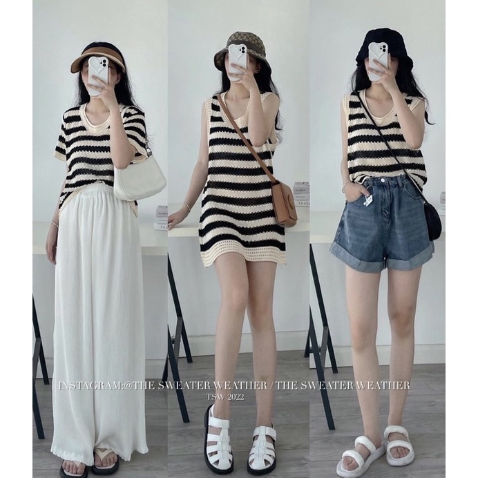 Áo len dệt kim mongtoghi lỗ cộc tay style Hàn Quốc kẻ ngang (3 mẫu)