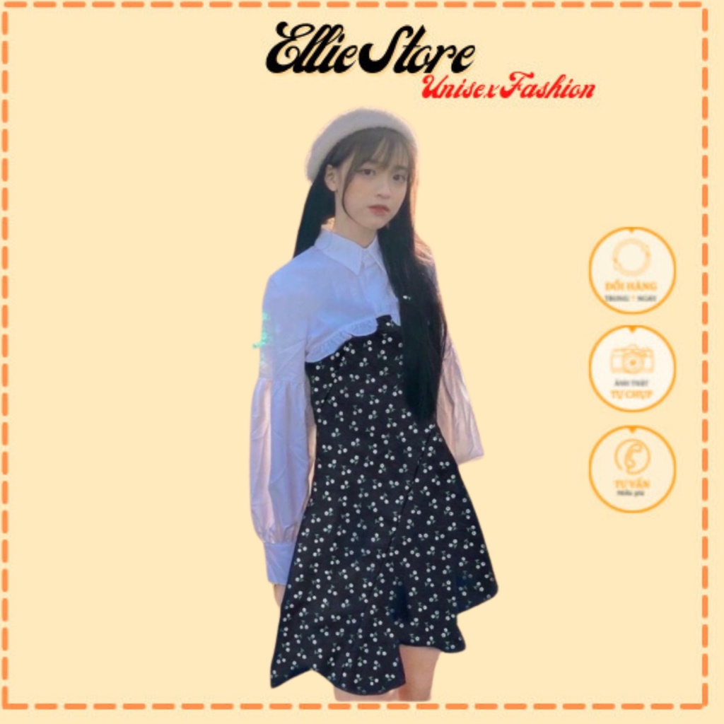Set Váy Hoa 2 Dây Mix Sơ Mi Chất Liệu Áo Đũi Váy Thô Kate Ellie Store