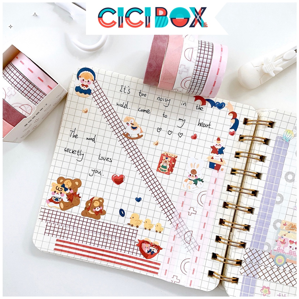 Băng dính washi tape bộ 5 cuộn trang trí nhiều màu, Băng keo chuyên dụng tiện lợi CICIBOX