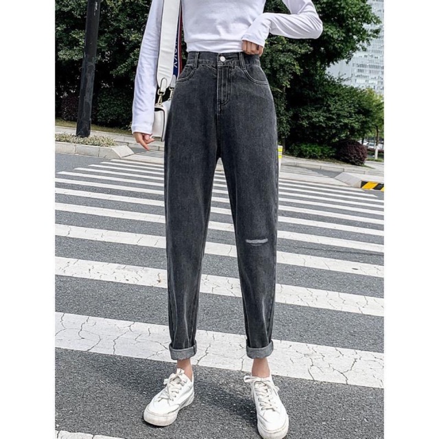 Quần baggy jean rách 1 gối màu đen khói, kèm hình thật ảnh sàn