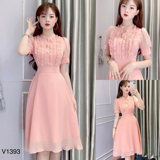 Đầm voan xoè bèo ngực cổ tròn đính nút siêu xinh